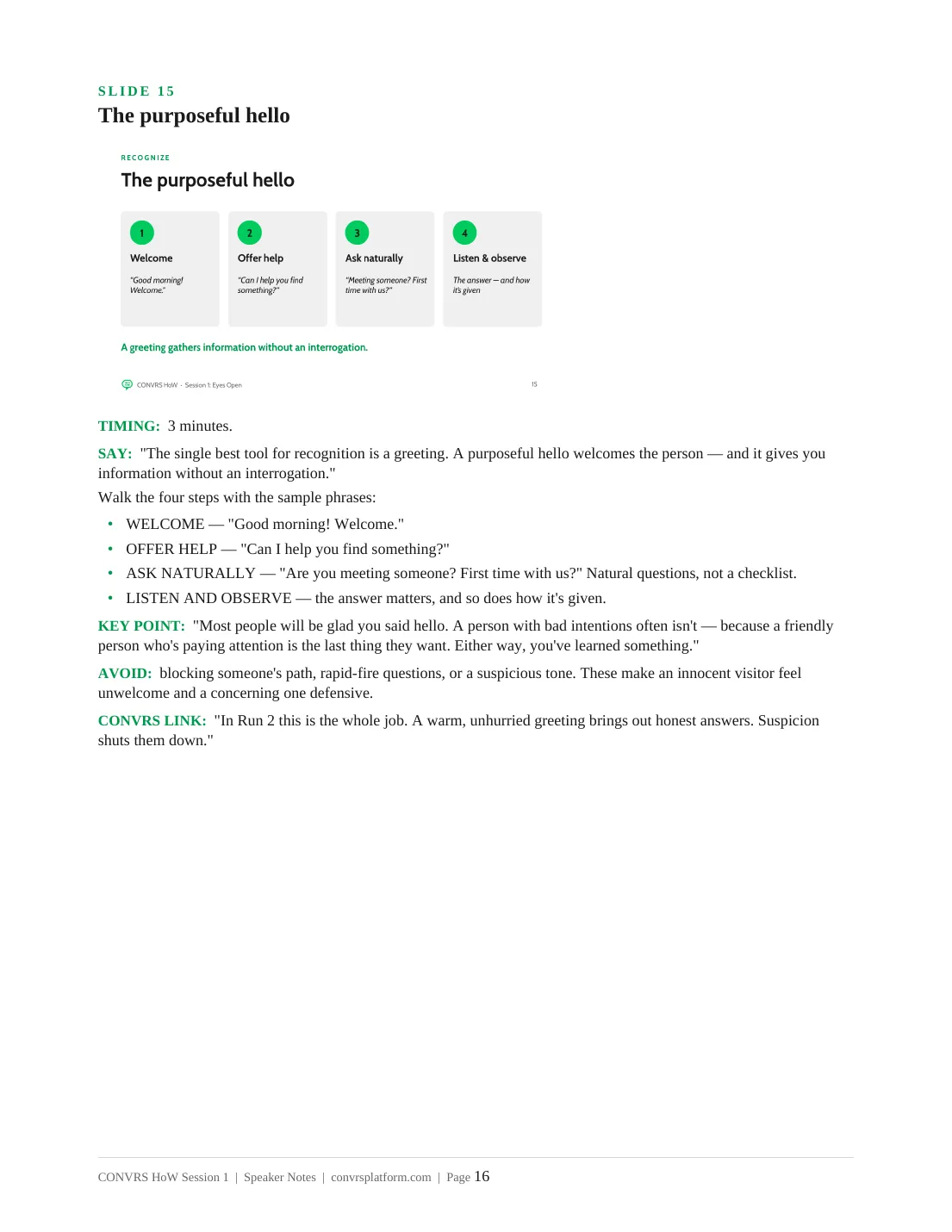 Speaker notes page with timing, script, and key points for one slide