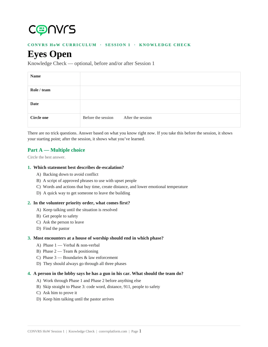 Knowledge check first page with multiple-choice questions